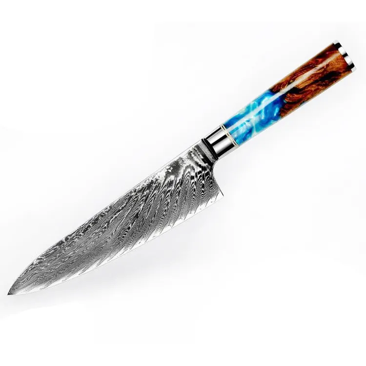Damasco-cuchillo de cocina japonés de acero al carbono, 8 pulgadas, 67 capas, con mango de resina azul, VG10