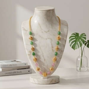 925 Silver Antique Mala <b>Necklace</b> with Green and <b>Pink</b> Beads Traditional Ethnic Long Chain Jewelry for Women - Product Image 2