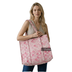 Sac fourre-tout unisexe en toile de coton matelassée à imprimé artisanal RR Textiles, avec fermeture éclair, grand format, réutilisable pour le shopping - Product Image 2