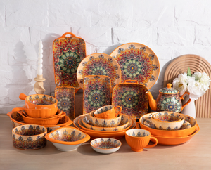 Bohemian Mandala Floral Ceramic <b>Dinnerware</b> <b>Set</b>, Customizable, Orange Decal Plates Bowls Mugs for Wholesale - Product Image 1