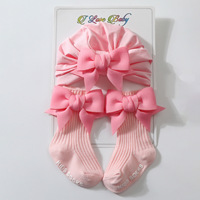 Ensemble de chaussettes et bonnet pour nouveau-né en coton, chaussettes pour bébé fille, couleur unie, nœud, chaussettes de cheville pour bébé