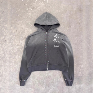 Blouson à capuche zippé intégral OEM pour homme, noir, en <span class=keywords><strong>molleton</strong></span> de coton 400 GSM, orné de strass, coupe ample, style streetwear, personnalisable, fabrication sur mesure - Product Image 2