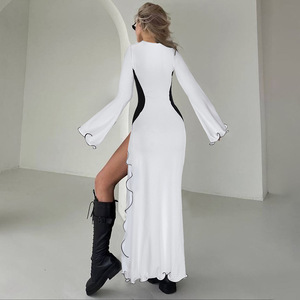 Abito Fluido <span class=keywords><strong>Bianco</strong></span> e Nero Aderente <span class=keywords><strong>con</strong></span> <span class=keywords><strong>Spacco</strong></span> Maniche Lunghe <span class=keywords><strong>con</strong></span> Volant <span class=keywords><strong>Vestito</strong></span> di Qualità per Donne Abbigliamento Casual - Product Image 3