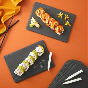 Ensemble de <span class=keywords><strong>6</strong></span> planches à fromage en <span class=keywords><strong>ardoise</strong></span> planches de charcuterie noires plateau d'assiette en pierre naturelle plateau de service à fromage napperon de restaurant - Product Image 2