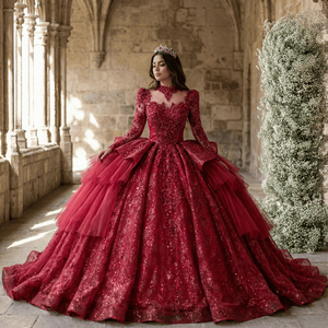 Vestido de Gala Rojo de Lujo Xs257 para Quinceañera, con Cuentas de Cristal, Bordado de Encaje, Manga Larga, Largo hasta el Suelo, para Madrina de 15 Años - Product Image 1