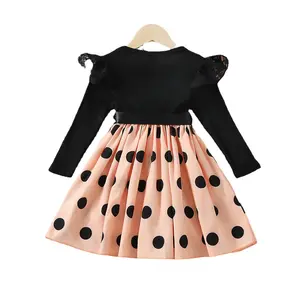 Children A-line Frock 2023 Autumn Winter Knitting Solid Color Lace Long Sleeve Belt Polka Dot Skirt Princess Dress for Girls