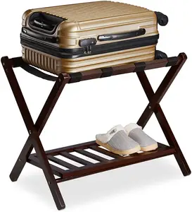 מעמד מדף במבוק מורכב במלואו מתלה מזוודות במבוק אגוז עם מדף אחסון מעמד מזוודה מתקפל חדר אורחים