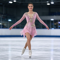 Robe de patinage et de danse rose pour enfants et adultes, en maille à manches longues, avec strass et découpes florales au dos, pour compétition et spectacle de patinage sur glace