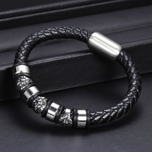 สร้อยข้อมือหนังถักลายหัวสิงโต 9 มม. เงินทิเบต ของขวัญสำหรับทุกเพศ ลายสัตว์สีดำ สร้อยข้อมือแฟชั่นเสริมเสน่ห์ - Product Image 4