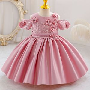 Nuovo Abito <span class=keywords><strong>da</strong></span> Cerimonia Estivo per Bambine, Formale, Tinta Unita, con Bottoni, in Raso Ecologico, con Fiori, Vestito <span class=keywords><strong>da</strong></span> Principessa con Gonna a Palloncino - Product Image 2