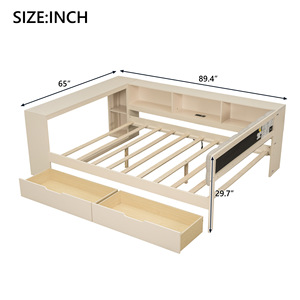 Lit et bureau combinés avec étagères de rangement et tiroirs, meubles de chambre à coucher peu encombrants pour enfants, adultes et personnes âgées, couleur camel - Product Image 4