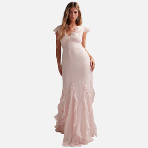 strapless open back dress Blush Bridesmaid Dresses Chic Bateau Neckline Ruffle Short Sleeves She main image 1