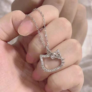 Collana con ciondolo a forma di gatto cavo per donna, con fiocco e gattino, catena lunga per maglione, gioielli alla moda - Product Image 1