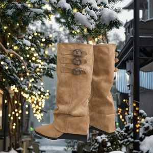 Bottes hautes en cuir véritable à talon épais, style créateur, avec boucle de ceinture classique et semelle en caoutchouc, pour l'hiver, vente en gros - Product Image 2