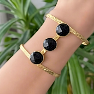 Gold Plated Brass Onyx Open Cuff <b>Bracelet</b> Classic Handmade Jewelry Unisex Fashion Bangles Bezel Setting Four Gemstone Design - Product Image 1