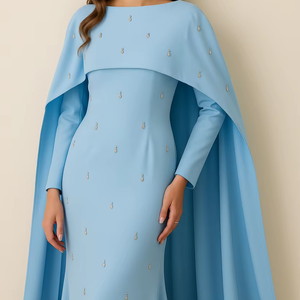 Vestido Largo Leduo Personalizado de Lujo con Mangas Tipo Capa en Azul Claro y Adornos - Elegante Vestido de Noche Formal - Product Image 1