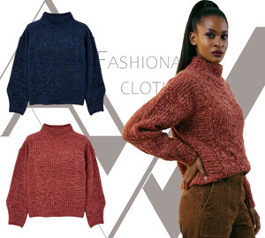 Suéter de Punto Grueso para Mujer, Cuello Alto, Manga Larga, Texturizado, Color Rojo Marrón, Jersey de Punto para Otoño e Invierno - Product Image 3