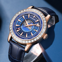 Montre de luxe pour homme, sport, heure mondiale GMT, boîtier en or rose, lunette sertie de diamants en cristal, bracelet en cuir de 20 mm, aiguille, 24 fuseaux horaires, globe terrestre bleu
