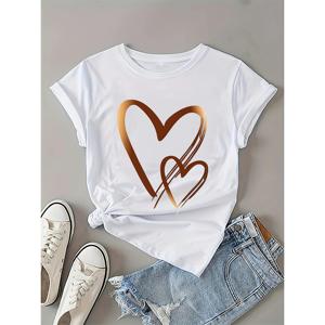 T-shirt casual da donna a maniche corte - <span class=keywords><strong>Rosso</strong></span> vivace <span class=keywords><strong>con</strong></span> stampa di cuori dorati, girocollo, elasticità media, lavabile in lavatrice - Product Image 1