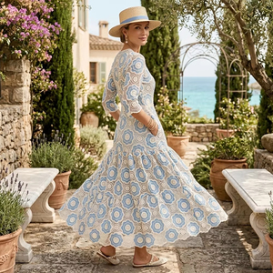 Fabricante de Vestidos Profesionales, Servicio OEM de Ropa Personalizada, Vestido Maxi Elegante Azul con Encaje Floral para Mujer, Vestido de Vacaciones con Volantes - Product Image 3