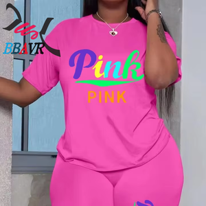 Hot <b>Plus</b> <b>Size</b> 4xl 5xl Women Summer Clothing Outfit Casual Letter pink Print Brand Two Piece Short Set for Women - Product Image 1