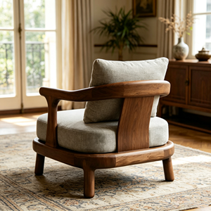 Fauteuil d'appoint, structure en bois massif, tissu en lin <span class=keywords><strong>gris</strong></span> <span class=keywords><strong>clair</strong></span>, fauteuil moderne du milieu du siècle pour salon, villa, hôtel, durable - Product Image 6