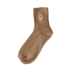 Usine En Gros Broderie Motif Chaussettes Couleur Pure Mignon Petit Ours Style Femmes Moyen Tube Chaussettes Lâches - Product Image 5