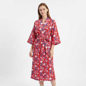 Wholesale Summer Cotton Kimono Floral Print Robe Full-Length Bathrobe Sleepwear Gown Knitted Dress V-neck Elastic Waist for - Product Image 1