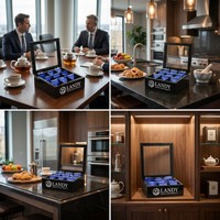 Coffret à thé professionnel Landy à 9 compartiments en bois, noir brillant avec fenêtre gravée, boîte de rangement pour hôtel, restaurant, usine