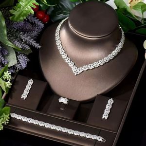 HIBRIDE Clear AAA CZ Leaf Design <b>Necklace</b> Earring Bracelet and Ring Sets, Women Bridal Wedding Party Jewelry Accessories N-1245 - Product Image 1
