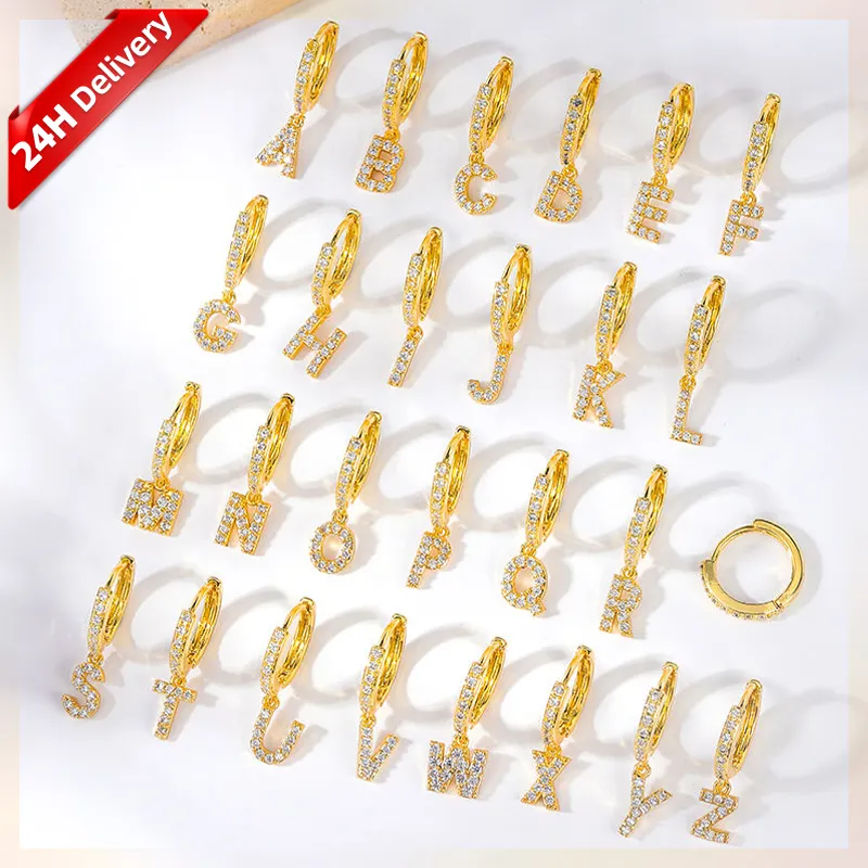 POENNIS zircon drop huggie earring 1 crystal 18k gold plated 26 letter charms pendants stainless steel hoop earrings for women