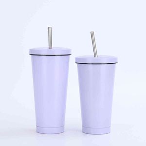 Stainless Steel Tumbler With Straw Vacuum Insulated Travel <b>Cup</b> Minimalist Design Straight Shape For Adults - Product Image 2