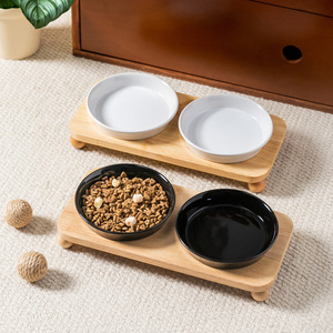 Minimalist style slanted round plate with <b>oak</b> bowl stand to prevent tipping, ceramic pet bowl, cat bowl, dog bowl with - Product Image 2
