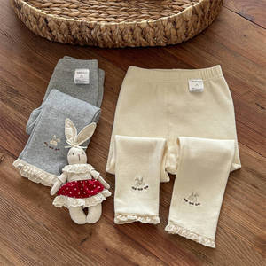 Girls Knitted Leggings Off White Grey Cotton Cartoon Rabbit Embroidery Spring Autumn Wear - Product Image 2