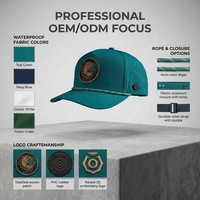 Casquette de baseball verte imperméable à 5 panneaux avec logo en PVC caoutchouc, perforations découpées au laser personnalisées, performance sportive, golf, avec cordon
