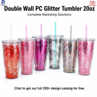 Gobelet à double paroi en PC avec paillettes, 20 oz, réutilisable, avec paille en plastique, OEM, vaisselle scintillante, cadeau, vente en gros, plusieurs couleurs