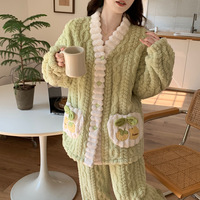 Piyama Wanita Musim Dingin 2025, Tebal Lembut Motif Bunga Lucu Bahan Fleece Flanel Lengan Panjang 2 Potong untuk Wanita dan Remaja Putri, Cocok untuk Cuaca Dingin