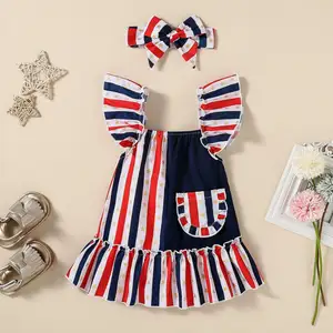 여름 소녀 캐주얼 드레스 스커트 미국 스트라이프 비행 소매 Peplum 드레스 활 머리띠 도매