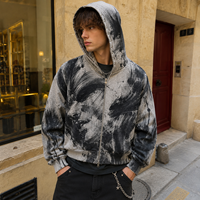 Hoodie zippé boxy personnalisé à coupe courte, fermeture éclair bidirectionnelle, imprimé abstrait intégral, rivets et clous, style streetwear sombre, OEM ODM Marque Privée