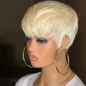 Peluca de Cabello Humano Remy con Corte Pixie <span class=keywords><strong>Corto</strong></span> y Recto, con Flequillo, Color Rubio 613, Hecha a Máquina - Product Image 3