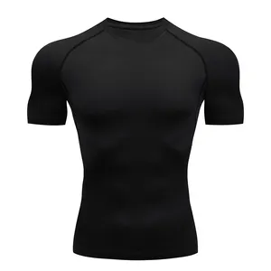 Dropshipping produk 2024 pakaian olahraga profesional T-shirt Gym Polyester kosong pria lengan pendek kasual pola cetak hitam