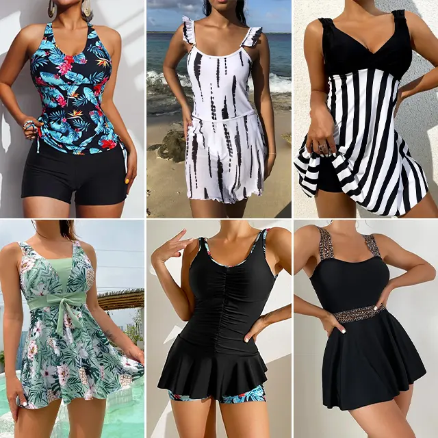 New summer floral print off-neck tube top cinched waist dress swimsuit women's clothing in stock