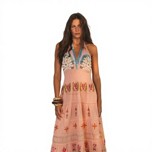 <b>Boho</b> Embroidered Maxi <b>Dress</b> Halter Neck Sleeveless Floral Print Loose Fit <b>Summer</b> Chiffon Natural Waistline Breathable <b>Dress</b> - Product Image 3
