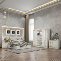 DAVINI Ensemble de meubles de chambre à coucher moderne en MDF/bois avec miroir, tête de lit éclairée, rangement intégré, lit réglable de 1,8 m, finition beige brillant