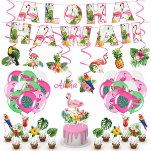 Décoration suspendue Luo Party Aloha pour anniversaire avec bannière de fête estivale et centre de table en nid d'abeille flamant rose - Product Image 1