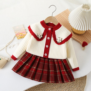 Completo in Maglia Acrilica con Pizzo per Bambina, Nuovo Stile Coreano alla Moda Autunno Inverno, con Piccole Stelle, Fiori e Pieghe a Quadri - Product Image 1