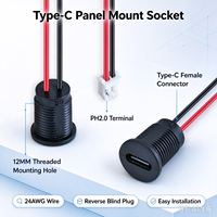 LN-022 2-Pin Typ-C Einbaubuchse, reversibel, 12 mm rundes Gewindeloch, 24AWG, 14 cm Kabel, RoHS, CE, USB-C Stromanschlussbuchse