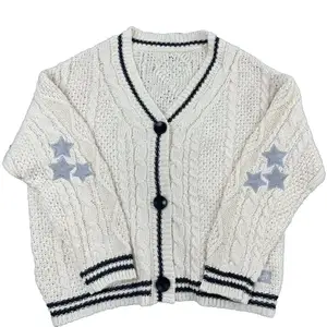 Manufacturer Knitting Long Sleeve Cardigan Coat Loose Swift Cardigan Embroidery Stars Sweater With Custom Logo