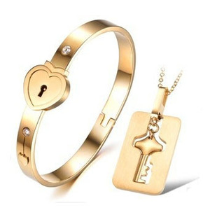 Couple <b>Love</b> Lock Stainless Steel <b>Bracelet</b> And Necklace Set With Key Pendant Unisex Gift Jewelry - Product Image 5