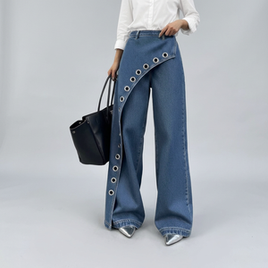 Pantalones Vaqueros Casuales de Pierna Recta y Ancha para Mujer, Diseño de Empalme Novedoso 2026, Color Sólido - Product Image 1